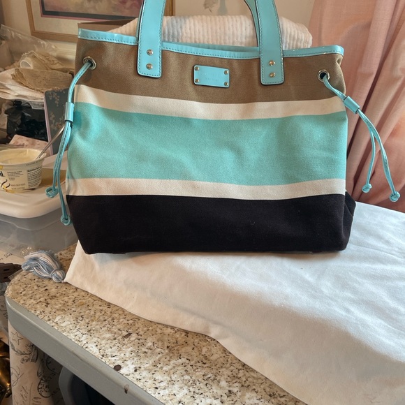 Kate Spade Aqua and Tan Striped Tote - Picture 3 of 11